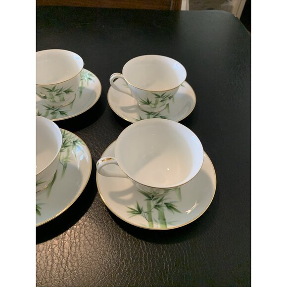 6 Noritake Toki Kaisha Footed Cup and Saucer Sets Green Bamboo Pattern 1960s Vtg - Picture 6 of 12